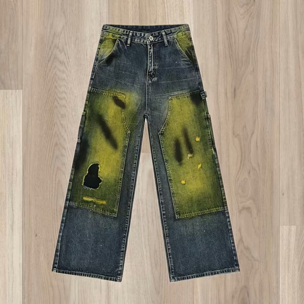 Distressed, patchwork, wide leg, high-waisted, denim jeans, worn-in look🚑